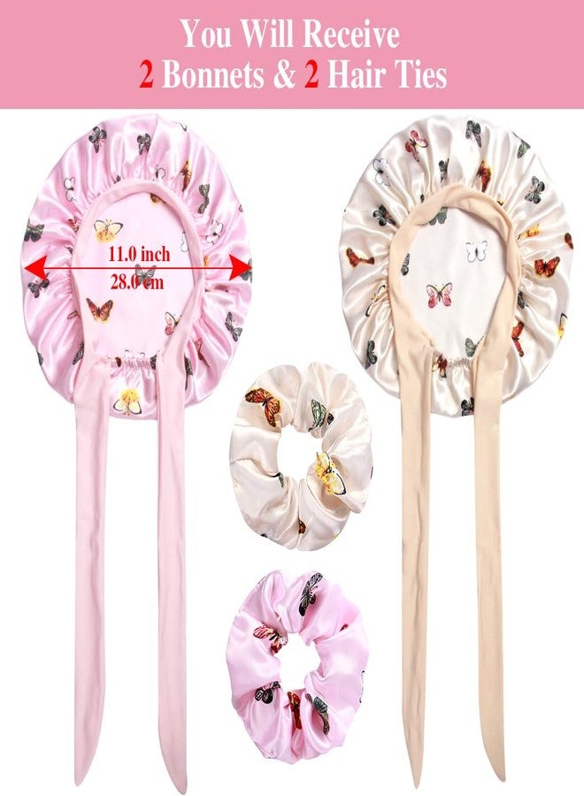 Heniho 2+2 Satin Bonnets with Scrunchies for Kids, Cute Hair Bonnets for Girls Sleeping Curly Hair, D - Image 2